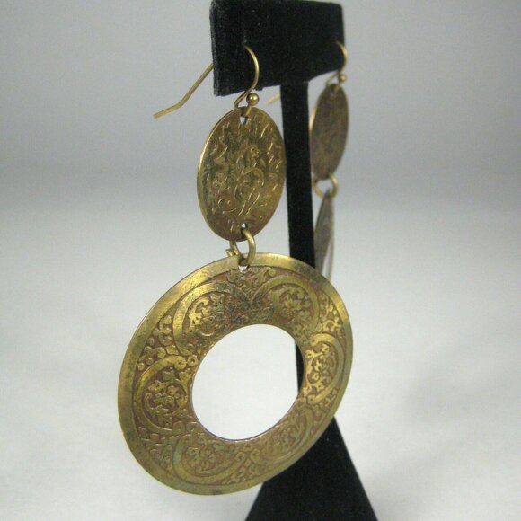 Earring Pierced 3 in Jewelry Dangle Brasstone Hammered Texture Boho Statement - Picture 4 of 5